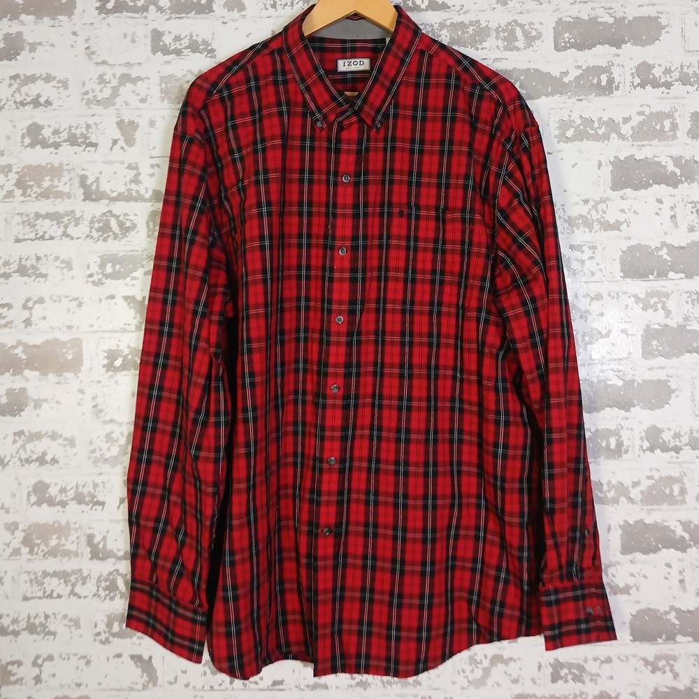 IZOD Men Shirt Red Black Buffalo Plaid 2XL Button Down Long Sleeve Winter Casual